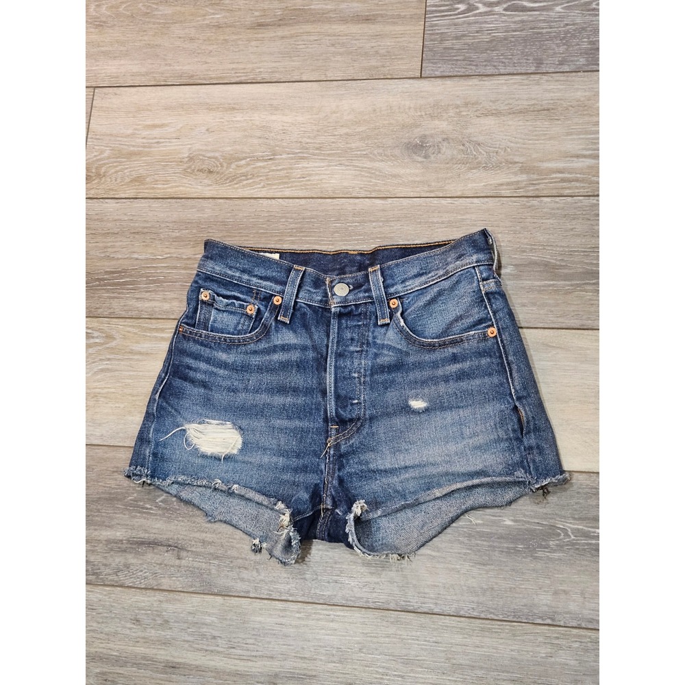 Levis 501 Original High Rise Cut Off Denim Shorts Medium Wash Blue Distressed